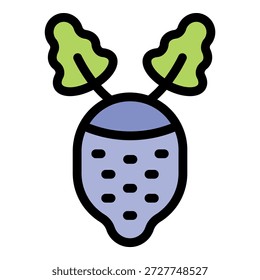 Genetically modified eggplant growing with leaves, icon illustration, vector, outline