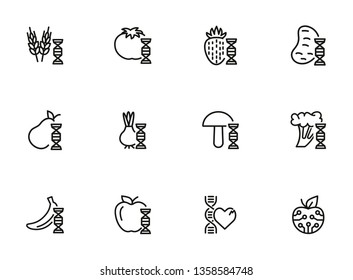 Genetically modified food line icon set. Gene, vegetable, fruit. Food concept. Can be used for topics like biotechnology, agriculture, food industry