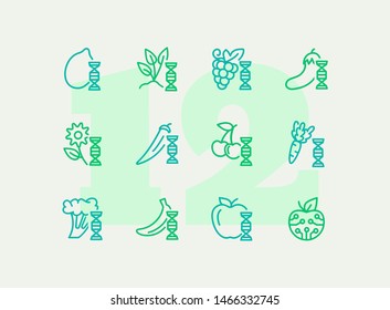 Genetically modified food line icon set. Improver berry, apple, carrot. Food concept. Can be used for topics like science, agriculture, harvest, farming