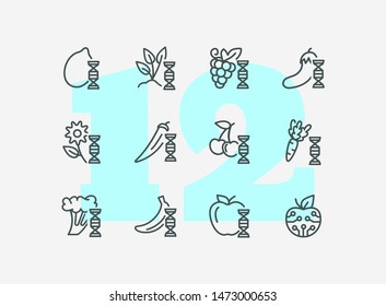 Genetically modified food line icon set. Improver berry, apple, carrot. Food concept. Can be used for topics like science, agriculture, harvest, farming