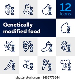 Genetically modified food line icon set. Strawberry, potato, banana. Food concept. Can be used for topics like harvest, farming, biotechnology