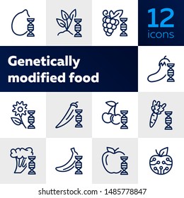 Genetically modified food line icon set. Improver berry, apple, carrot. Food concept. Can be used for topics like science, agriculture, harvest, farming