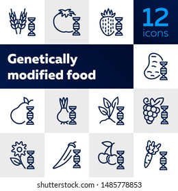 Genetically modified food line icon set. Gene, grain, fruit, vegetables. Food concept. Can be used for topics like genetics, agriculture, GM food