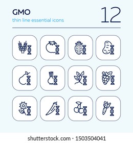 Genetically modified food line icon set. Gene, grain, fruit, vegetables. Food concept. Can be used for topics like genetics, agriculture, GM food