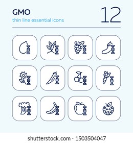 Genetically modified food line icon set. Improver berry, apple, carrot. Food concept. Can be used for topics like science, agriculture, harvest, farming