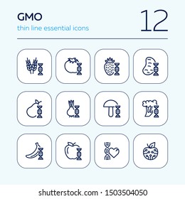 Genetically modified food line icon set. Gene, vegetable, fruit. Food concept. Can be used for topics like biotechnology, agriculture, food industry