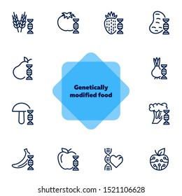 Genetically modified food line icon set. Gene, vegetable, fruit. Food concept. Can be used for topics like biotechnology, agriculture, food industry