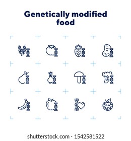 Genetically modified food line icon set. Gene, vegetable, fruit. Food concept. Can be used for topics like biotechnology, agriculture, food industry