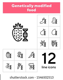 Genetically modified food line icon set. Strawberry, potato, banana. Food concept. Can be used for topics like harvest, farming, biotechnology