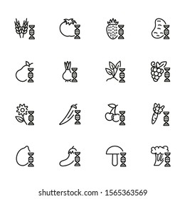 Genetically modified food line icon set. Gene, grain, fruit, vegetables. Food concept. Can be used for topics like genetics, agriculture, GM food