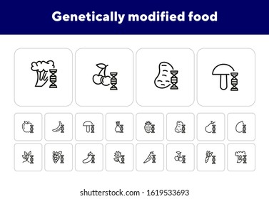 Genetically modified food line icon set. Strawberry, potato, banana. Food concept. Can be used for topics like harvest, farming, biotechnology