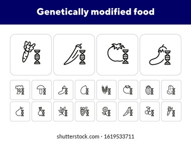 Genetically modified food line icon set. Gene, grain, fruit, vegetables. Food concept. Can be used for topics like genetics, agriculture, GM food