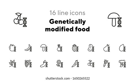 Genetisch verändertes Symbol für die Lebensmittelzeile. Erdbeere, Kartoffeln, Banane. Lebensmittelkonzept. Kann für Themen wie Ernte, Landwirtschaft, Biotechnologie verwendet werden