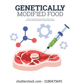 Genetically modified food poster template with text, flat vector illustration on white background. GMO meat in laboratory, beef steak with syringe. Genetics engineering and biotechnology.