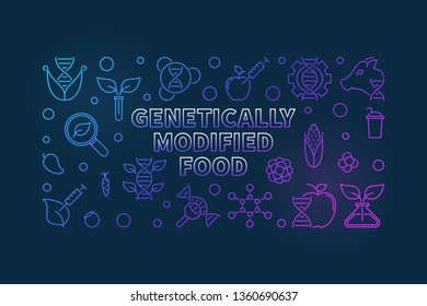 Genetically Modified Food vector colorful outline horizontal illustration on dark background