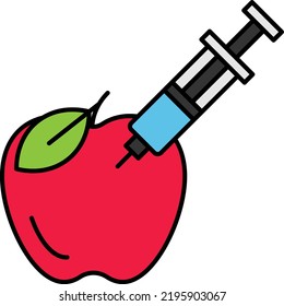concepto de organismo modificado genéticamente, diseño de iconos de color vectorial de frutas biodiseñadas por bioingeniería, símbolo bioquímico, signo biotecnológico y bioquímico, ilustración de existencias de ciencia e ingeniería