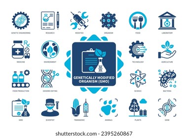 Genetically Modified Organism GMO icon set. Transgenic, Genetic Engineering, Science, Research, Gene, Laboratory, Genome Editing, Organism. Duotone color solid icons