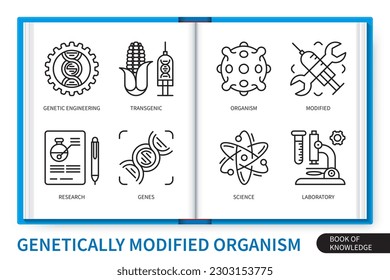 Genetically modified organism GMO infographics elements set. Transgenic, genetic engineering, science, research, genes, laboratory, modified, organism. Web vector linear icons collection