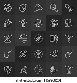 Genetically Modified Organism or GMO outline vector concept icons set on dark background