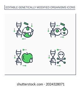 Genetically modified organism line icons set. Genetic engineering. Mutation gene, transgene. Apple genetic. GMO harm. Isolated vector illustrations.Editable stroke