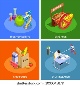 Genetically modified organisms isometric design concept with bio engineering, dna research, gmo foods isolated vector illustration