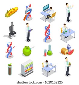 Genetically modified organisms set of isometric icons with dna research, gmo goods, scientific laboratory isolated vector illustration