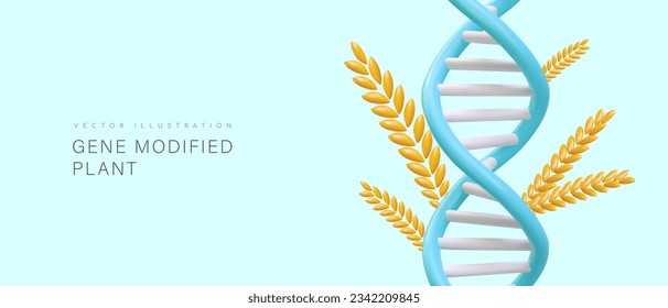 Genetically modified plant. 3D spikelet and DNA double helix. Intervention in flora genotype. Editing, improvement of genetic life code. Bioengineering. Color concept