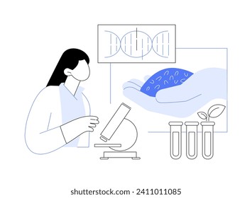 Semillas genéticamente modificadas aisladas ilustraciones de vectores de dibujos animados. El hombre cultiva semillas genéticamente modificadas en laboratorio, producción de cultivos, idea agroindustrial, cartoon vectorial del sector de insumos agrícolas.