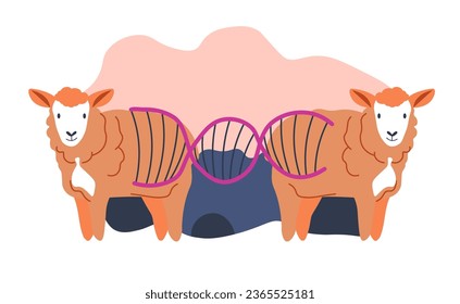 Genetically modified sheep, cloning of animals and setting experiments on mammals. Laboratory researches and biotechnologies. genome sequencing and changing of code. Vector in flat style illustrations