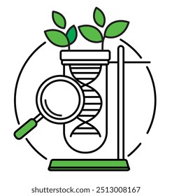 Rebentos geneticamente modificados no ícone de balão. Símbolo de engenharia genética da natureza vegetal. Conceito de planta de DNA. Rebentos geneticamente modificados em frasco. Folha verde com haste e logotipo de elementos de DNA.