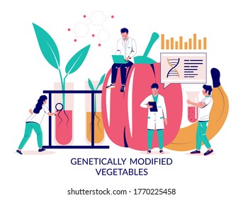 Genetically modified vegetables, vector flat illustration. Genetic engineering, genetic modification technology, gm crops concept for web banner, website page etc.