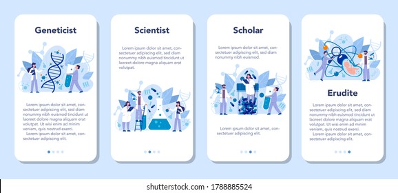 Geneticist concept. Medicine and science technology. Scientist work with molecule structure. Invention and innovation. Vector illustration in cartoon style