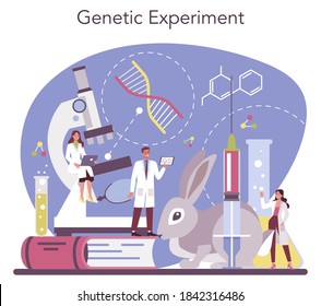 Geneticist concept. Medicine and science technology. Scientist work with molecule structure. Genetic experiment and modification. Vector illustration in cartoon style