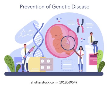 Geneticist concept. Medicine and science technology. Scientist work with molecule structure. Genetic test analysis and genetic disease prevention. Vector illustration in cartoon style