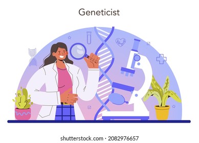 Geneticist Concept. Medicine And Science Technology. Scientist Work With DNA Molecule Structure. Genetic Test Analysis And Genetic Disease Prevention. Flat Vector Illustration