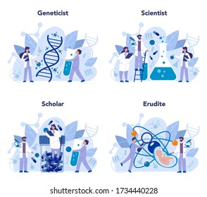 Genetistische Konzeption. Medizin und Wissenschaftstechnologie. Wissenschaftler arbeiten mit Molekülstruktur. Erfindung und Innovation. Vector-Illustration im Karikaturenstil