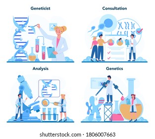 Geneticist concept set. Medicine and science technology. Scientist work with molecule structure. Analysis and innovation. Vector illustration in cartoon style