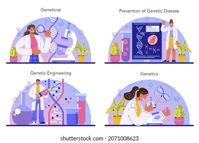 Genetischer Konzeptsatz. Medizin und Wissenschaftstechnologie. Wissenschaftler arbeiten mit der Struktur des DNA-Moleküls. Genetische Testanalysen und genetische Krankheitsprävention. Flache Vektorgrafik