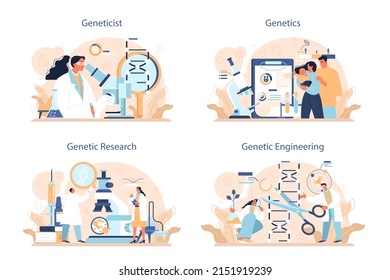 Geneticist concept set. Medicine and science technology. Scientist work with DNA molecule structure. Genetic test analysis and genetic disease prevention. Flat vector illustration