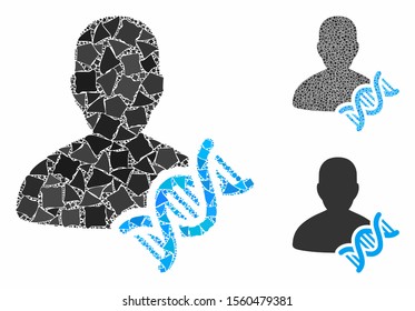Geneticist DNA mosaic of raggy items in different sizes and color tinges, based on geneticist DNA icon. Vector raggy items are composed into collage. Geneticist DNA icons collage with dotted pattern.