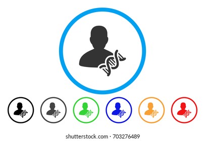 Geneticist DNA vector rounded icon. Image style is a flat gray icon symbol inside a blue circle. Additional color variants are gray, black, blue, green, red, orange.