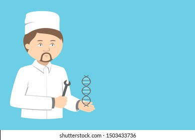 Geneticist hold human DNA helix and wrench in hands. Poster with copy space. Vector illustration.