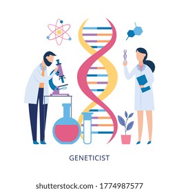 Geneticist medical examination banner with doctors characters, flat vector illustration isolated on white background. Geneticists experts checking patients tests.