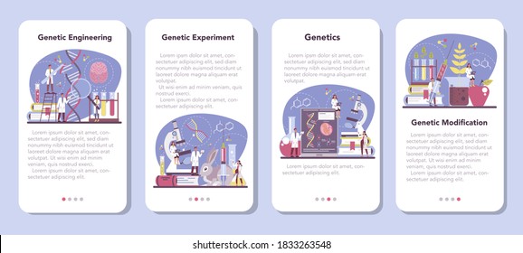 Geneticist mobile application banner set. Medicine and science technology. Scientist work with molecule structure. Genetic experiment and modification. Vector illustration in cartoon style