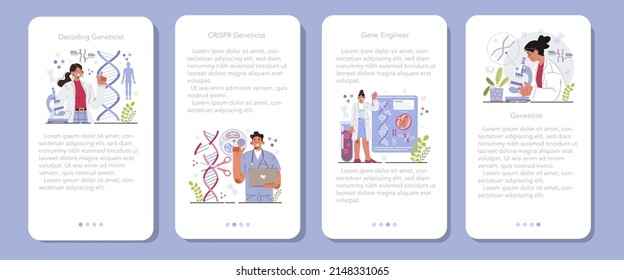 Banner-Set für Genetiker für mobile Anwendungen. Wissenschaftler arbeiten mit der Struktur des DNA-Moleküls. CRISPR-Genbearbeitung. Gentechnik und Dekodierung. Flache Vektorgrafik