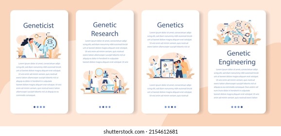 Banner-Set für Genetiker für mobile Anwendungen. Medizin und Wissenschaftstechnologie. Wissenschaftler arbeiten mit der Struktur des DNA-Moleküls. Genetische Testanalysen und genetische Krankheitsprävention. Flache Vektorgrafik