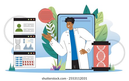 Conceito de geneticista online. Homem em uniforme médico perto da estrutura da molécula. Biólogo no laboratório. Anatomia e biologia molecular. Ilustração de vetor plano isolada no plano de fundo branco