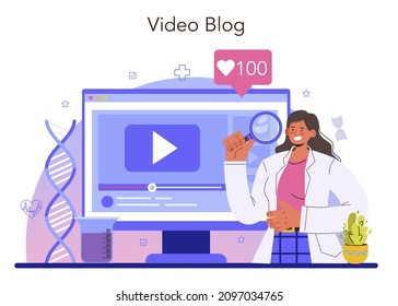 Geneticist online service or platform. DNA molecule structure. Genetic test analysis and genetic disease prevention. Video blog. Flat vector illustration