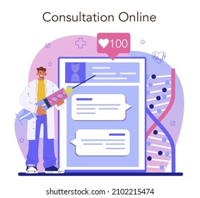 Geneticist online service or platform. DNA molecule structure. Genetic test analysis and genetic disease prevention. Online consultation. Flat vector illustration