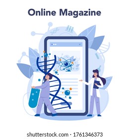 Genetiker Online-Service oder Plattform. Medizin und Wissenschaftstechnologie. Wissenschaftler arbeiten mit der Molekülstruktur zusammen. Online-Magazin. Vektorgrafik